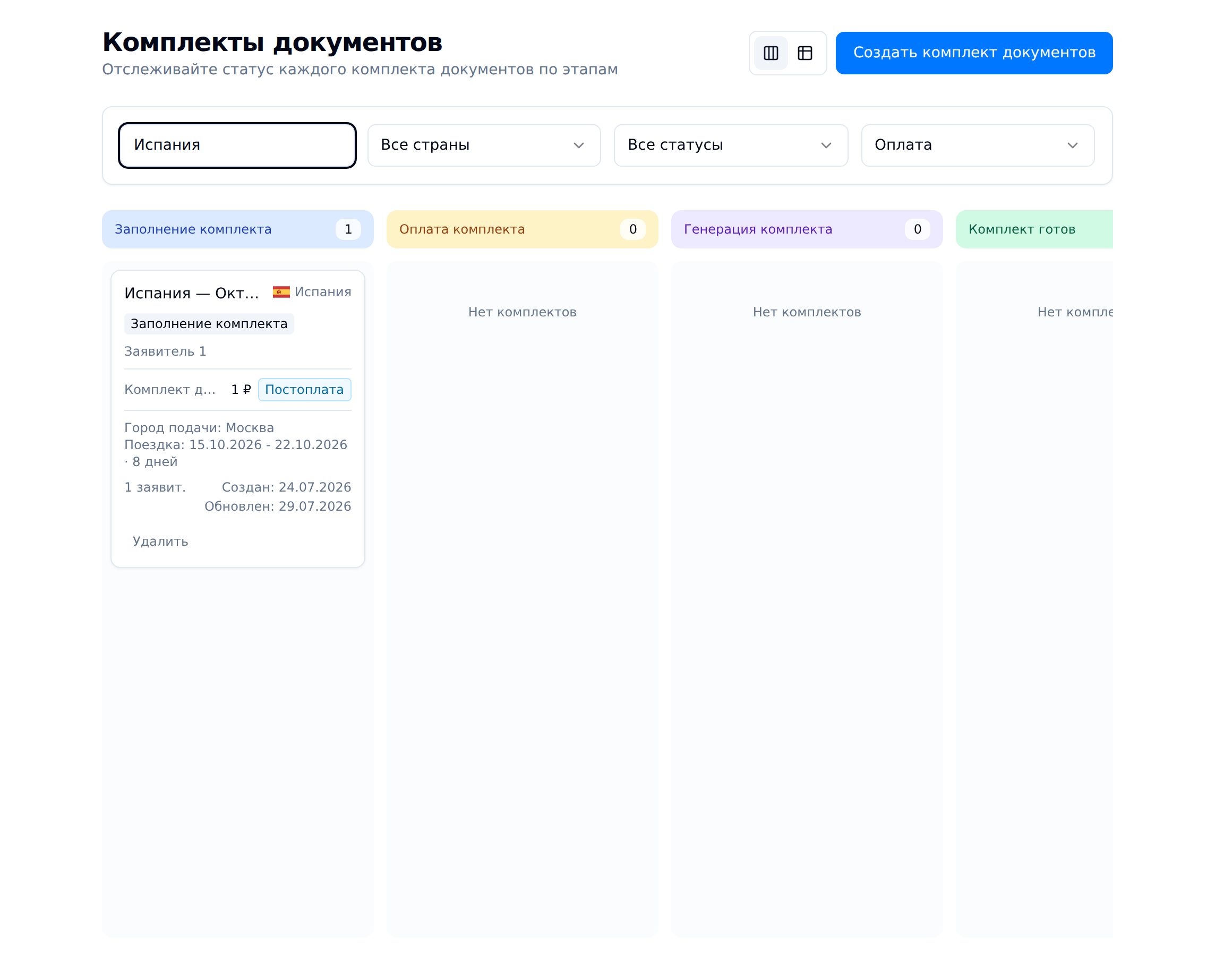 Кабинет Vizadel: комплекты документов и этапы подготовки